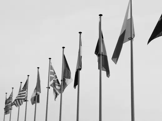 A row of national flags flying on poles